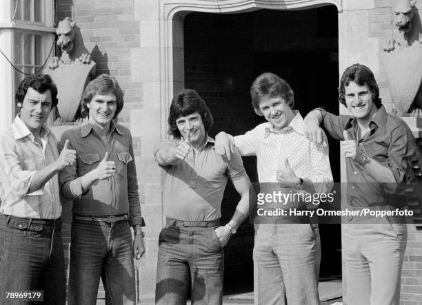 Left-right: Ray Kennedy, Phil Thompson, Kevin Keegan, Phil Neal and Ray Clemence of Liverpool celebrate being selected to play for England for the...