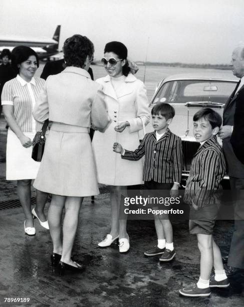 Royalty, London, England, July 1970, Princess Muna, wife of King Hussein of Jordan with 2 of her children, Prince Abdullah and Prince Faisal, The...