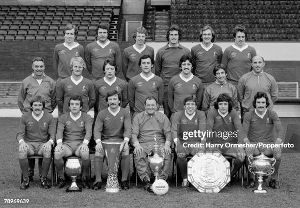 Liverpool FC's first team squad line up for a team photograph at Anfield in Liverpool, England, circa October 1976. Back row Joey Jones, John...