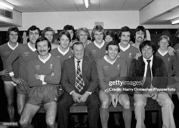 Liverpool players and staff with comedian Jimmy Tarbuck in the dressing room before Ian Callaghan's Testimonial match between Liverpool and a...