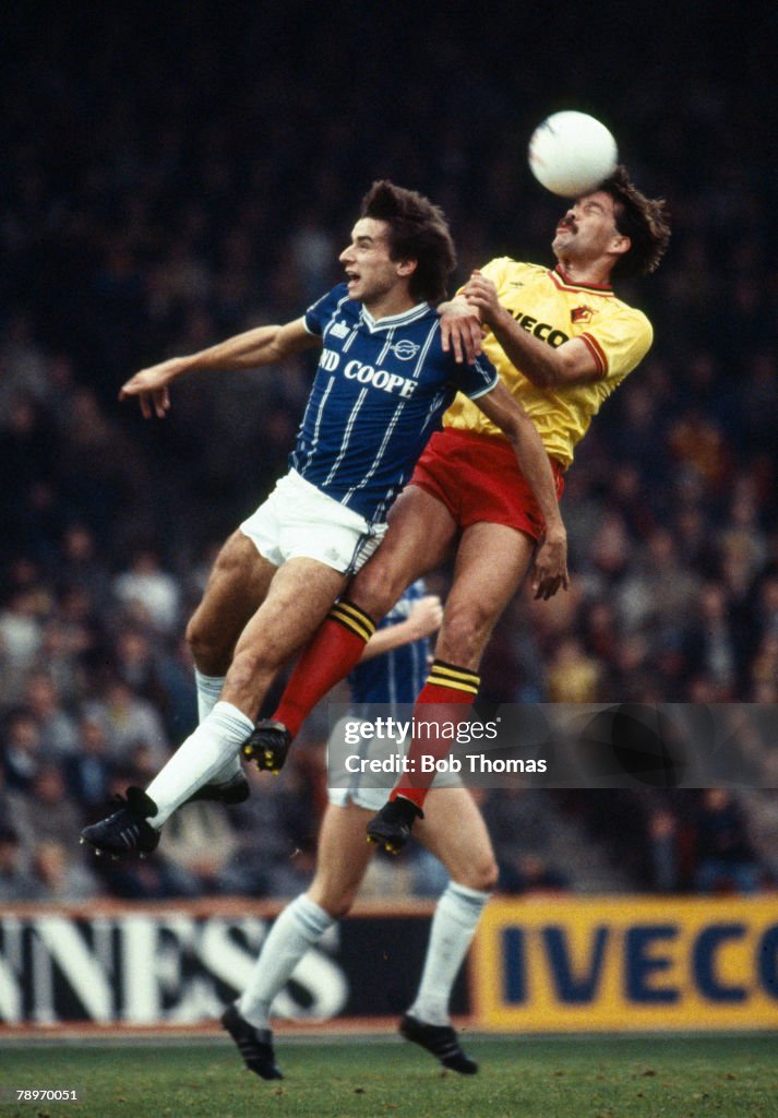 Sport. Football. pic: 5th November 1983. Division 1. Watford defender Steve Sims outjumps Leicester City's Alan Smith to win a high ball.
