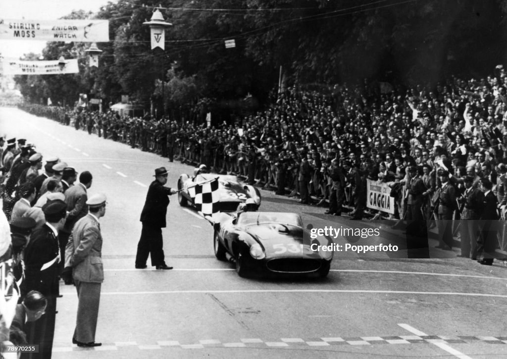 Sport. Motor Racing. Italy. Mille Miglia. (1000 Miles). pic: 14th May 1957. Brescia. Italian driver Piero Taruffi in a Ferrari wins the race with Germany's Wolfgang Von Trips 2nd.