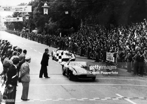 Sport, Motor Racing, Italy, Mille Miglia, , pic: 14th May 1957, Brescia, Italian driver Piero Taruffi in a Ferrari wins the race with Germany's...