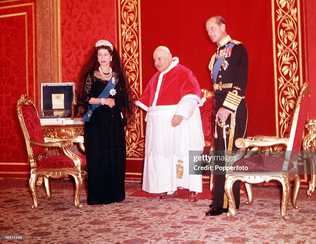 1961. Rome, Italy. Queen Elizabeth II and her husband Prince Philip, Duke of Edinburgh pictured with Pope John XXIII in the Vatican City, Rome during the Royal tour of Italy.