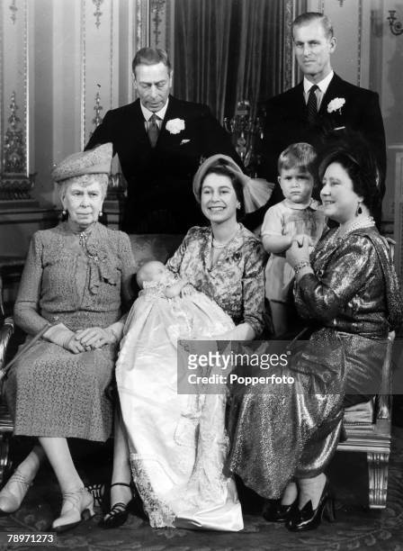 21st October 1950, Buckingham Palace, London, HM, Queen Elizabeth with the Duke of Edinburgh and the newly christened baby Princess Anne, also family...