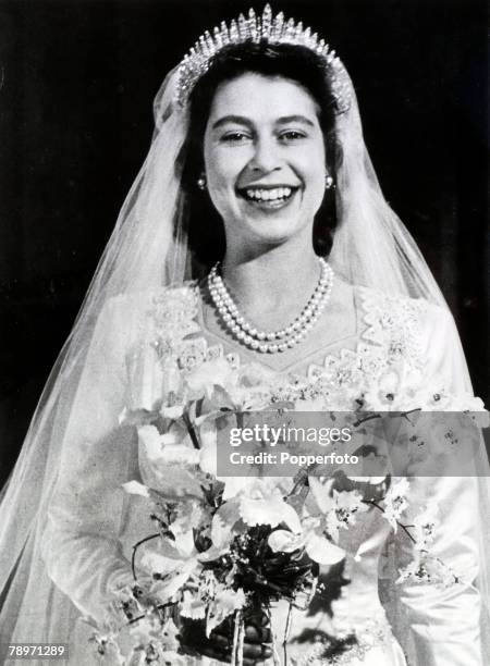 20th November 1947, Buckingham Palace, London, The wedding of Princess Elizabeth and the Duke of Edinburgh showing the Princess looking radiant after...