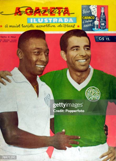 The front cover of sports magazine A Gazeta Esportiva Ilustrada shows the Brazilian international stars Pele, left and Vava in their club strips of...