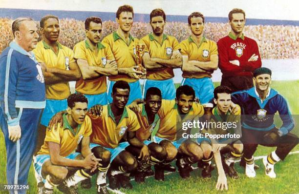 The 1958 Brazil World Cup winning team, Brazil, back row, l-r, V,Feola, , D,Santos, Zito, Bellini, N,Santos, Orlando, Gilmar, Front row, l-r,...