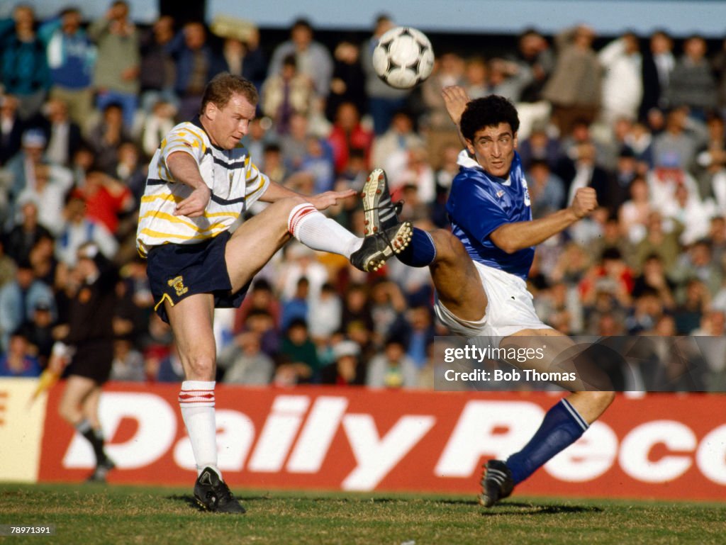 BT Sport. Football. pic: 1989. World Cup Qualifier in Limassol. Cyprus 2 v Scotland 3. Scotland's David Speedie contests the ball with George Christodoulou of Cyprus. David Speedie won 10 Scotland international caps between 1985-1989.