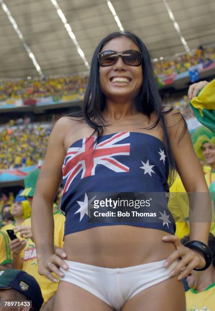 Sport, Football, FIFA World Cup, Munich, 18th June 2006, Brazil 2 v Australia 0, "Skimpy" outfit for this Australia girl fan with a national flag top