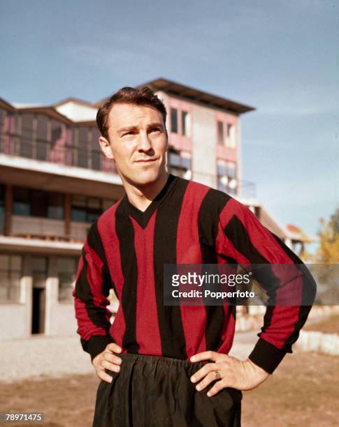 English footballer Jimmy Greaves posed in an A C Milan kit after recently signing for the Italian club, Milan, Italy, August 1961.