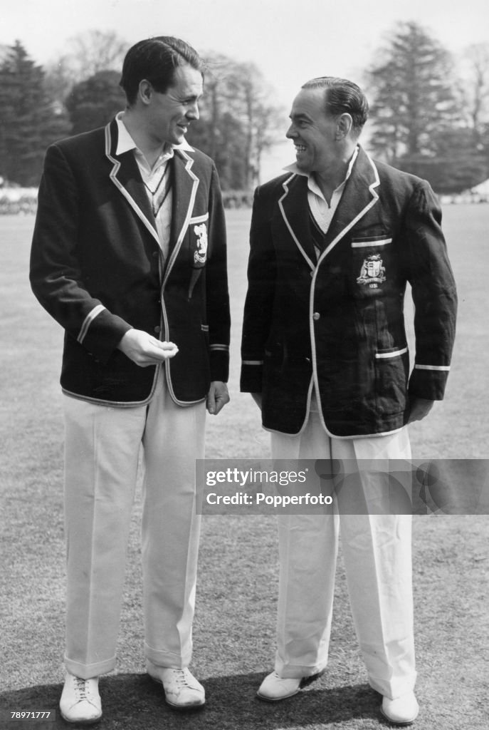 Sport/Religion. pic: 28th April 1956. Duke of Norfolk's XI v Australia at Arundel. David Sheppard who captained the Duke of Norfolk's XI at the toss with Australia captain Ian Johnson, right. David Sheppard's Ministry led him to become Bishop of Liverpool