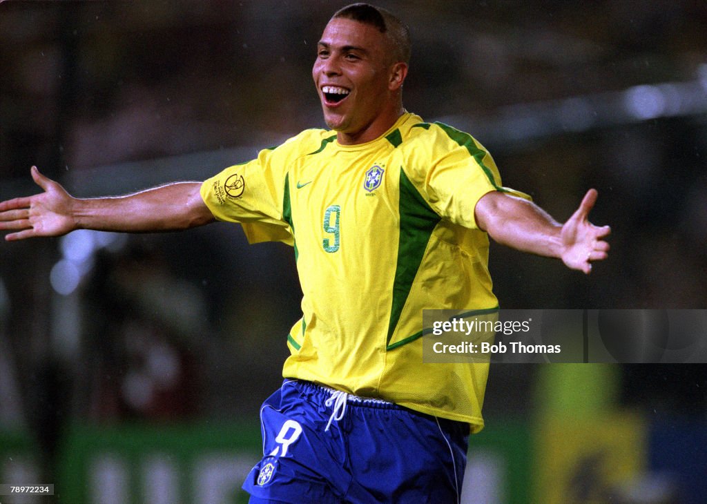 Football. 2002 FIFA World Cup Finals. Final. Yokohama, Japan. 30th June 2002. Germany 0 v Brazil 2. Brazil's Ronaldo celebrates after scoring his second goal of the game.Credit: POPPERFOTO/JOHN McDERMOTT
