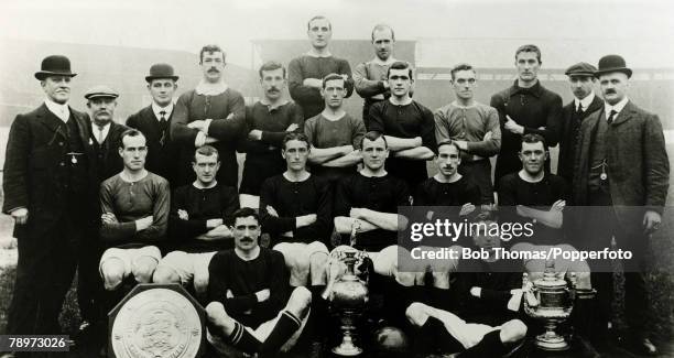 Manchester United F,C, 1908-1909 winners of the English F.A. Cup 1909, Back 2, l-r, Alex Downie, H,Burgess, Standing, l-r, J,Taylor , J,Nuttall ,...