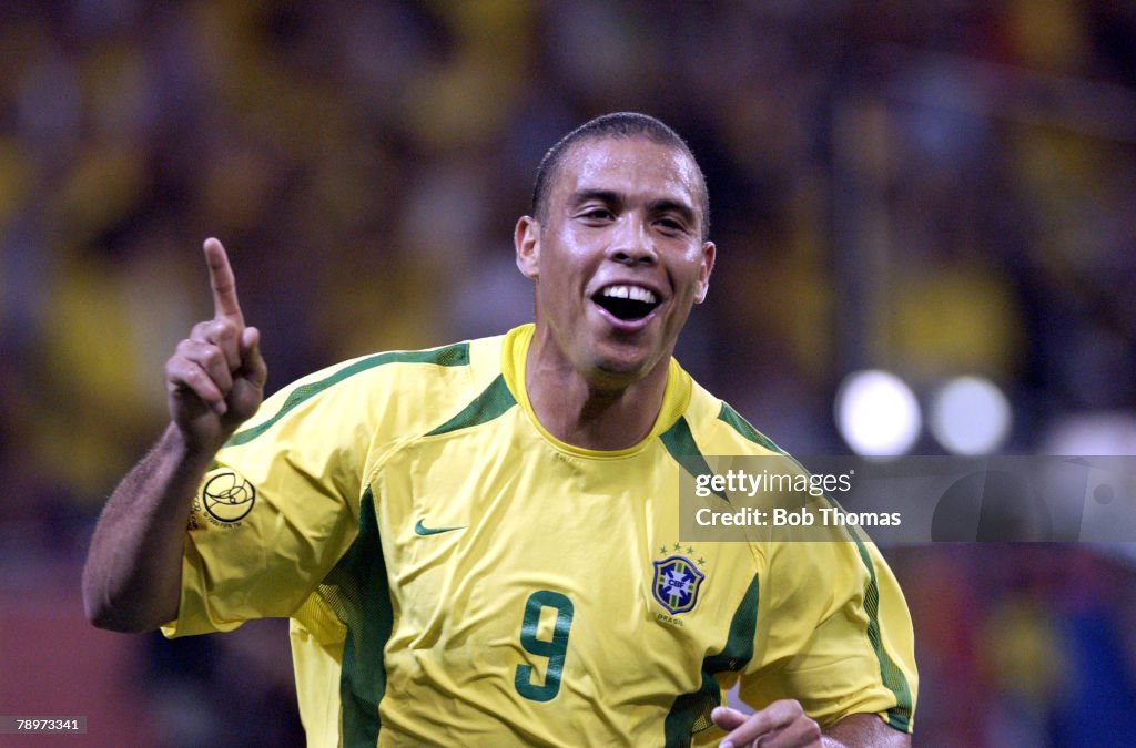 BT Football. 2002 FIFA World Cup Finals. Kobe, Japan. 17th June 2002. Brazil 2 v Belgium 0. Ronaldo celebrates after scoring Brazil's 2nd goal.