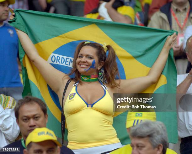 Sport, Football, FIFA World Cup, Dortmund, 27th June 2006, Brazil 3 v Ghana 0, Happy Brazilian girl fan with her flag