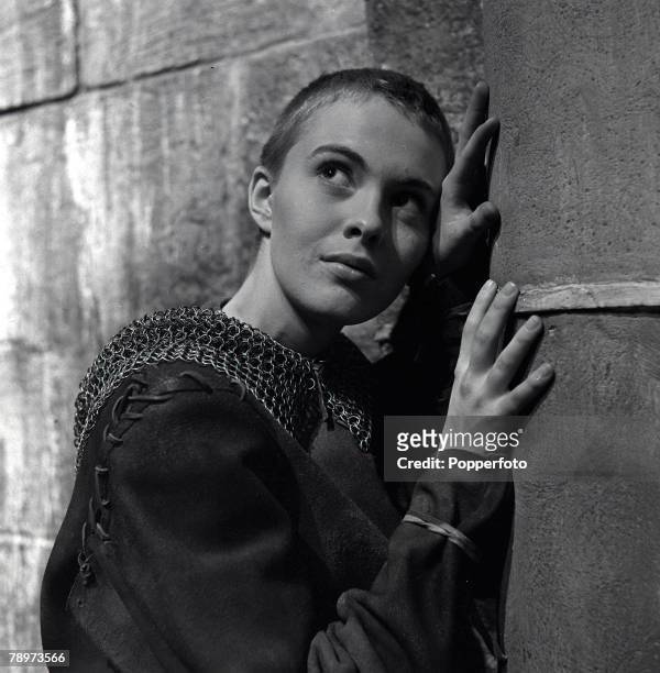 Actress Jean Seberg in praying pose during the making of the religious film "Saint Joan" at Shepperton Studios, 1957