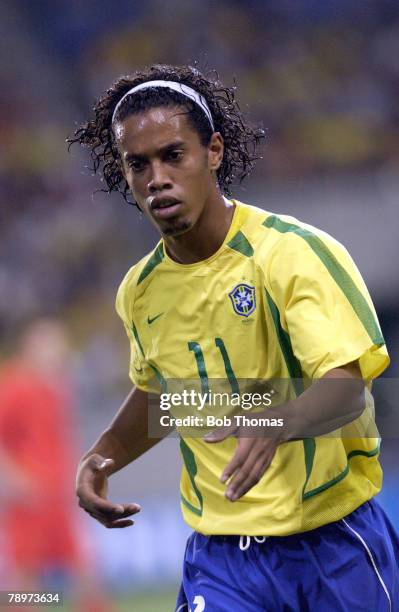 Football, 2002 FIFA World Cup Finals, Kobe, Japan, 17th June 2002, Brazil 2 v Belgium 0, Ronaldinho of Brazil