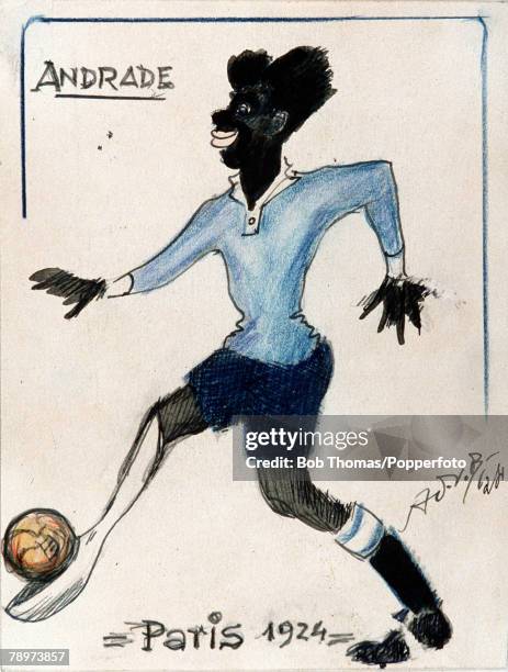 Cartoon caricature of Uruguayan footballer Jose Leandro Andrade who played for the Uruguay national football team at the 1924 Summer Olympics in...