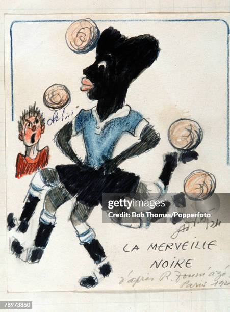 Cartoon caricature of Uruguayan footballer Jose Leandro Andrade, nicknamed The Black Marvel, who played for the Uruguay national football team at the...