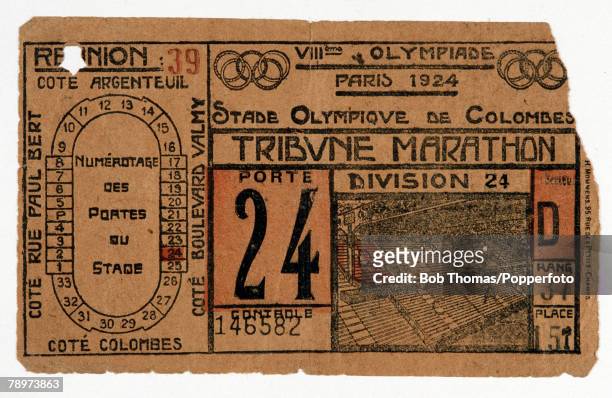 Ticket for one of the matches in the football tournament being played in the Stade Olympique de Colombes at the 1924 Summer Olympics in Paris, France...