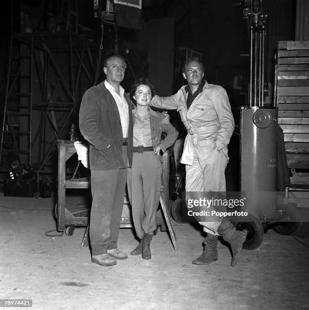 The making of The film, "East of Algiers" pictured from left to right, are Eric Portman, Wanda Hendrix and Van Heflin