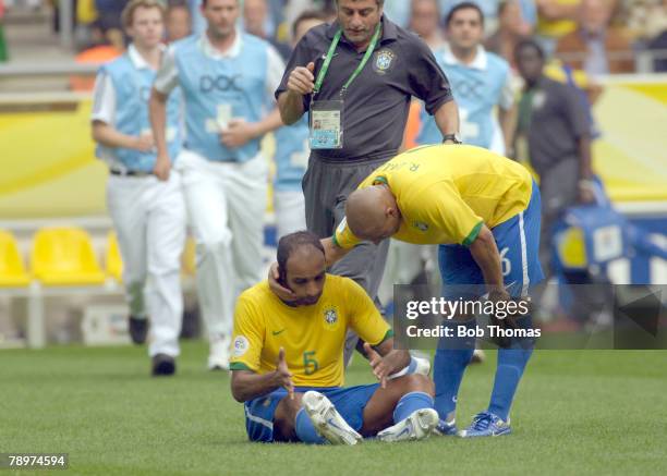 Sport, Football, FIFA World Cup, Dortmund, 27th June 2006, Brazil 3 v Ghana 0, Brazil's Emerson, after taking a knock is supported by Roberto Carlos,...