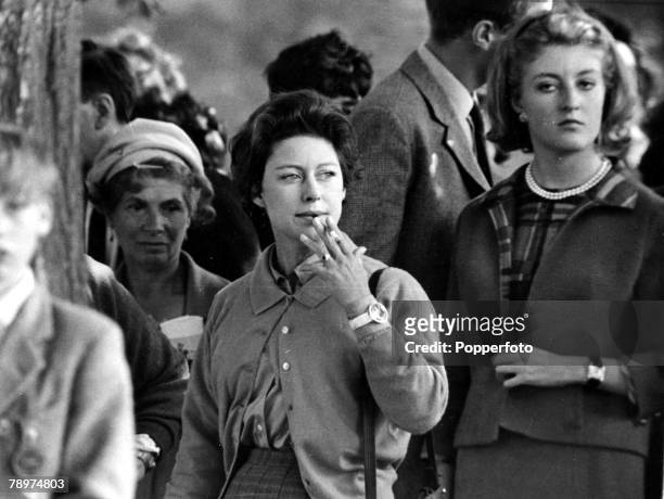 England, 10th September HRH Princess Margaret watches the First World Championship Horse Trials at Burghley during her tour of the course
