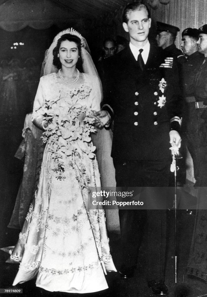 London, England. 20th November, 1947. Princess Elizabeth (later Queen Elizabeth II) and Philip Mountbatten pictured leaving Westminster Abbey after their wedding ceremony.