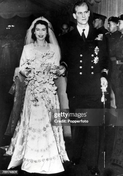 London, England, 20th November Princess Elizabeth and Philip Mountbatten pictured leaving Westminster Abbey after their wedding ceremony