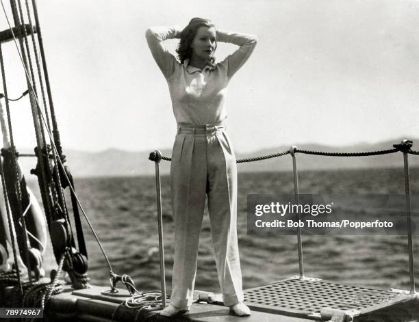 Cinema Personalities, pic: circa 1930's, American actress Greta Garbo, enjoying the ocean's breeze while on location, She was born in Sweden and went...