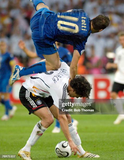 Sport Football, FIFA World Cup, Dortmund, 4th July 2006, Semi Final, Germany 0 v Italy 2, , Italy's Francesco Totti goes flying over Germany's...