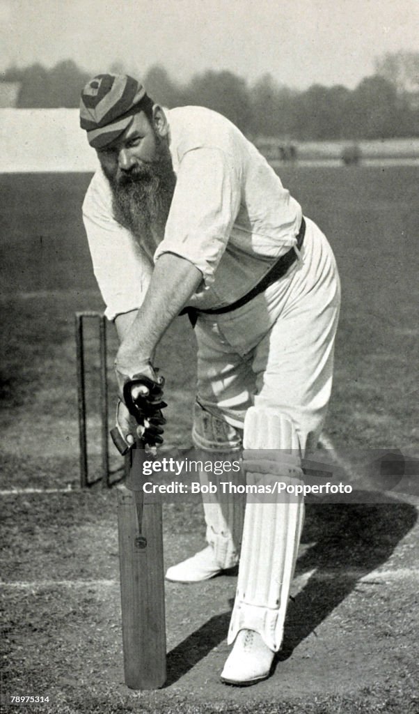 Sport. Cricket. pic: circa 1897. W.G.Grace demonstrating the forward defensive stroke. Dr.William Gilbert Grace, (W.G.Grace), 1848-1915, perhaps the most famous cricketer of all time. He played for Gloucestershire, 1870-1899 and for England in 22 matches,