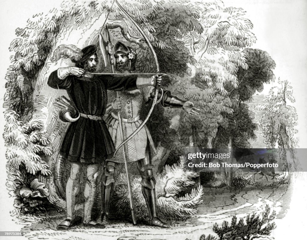 English History. Illustration. pic: circa 1200. Robin Hood and Little John. Legend has it that Robin Hood and his men who were thought to operate from Sherwood Forest, robbed from the rich to give to the poor.