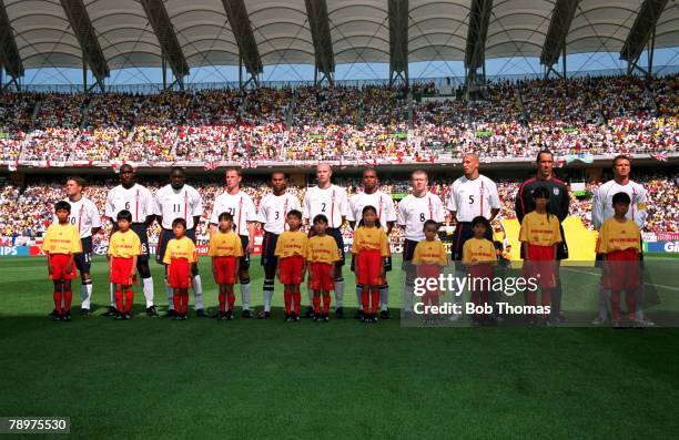 Football, 2002 FIFA World Cup Finals, Quarter Finals, Shizuoka, Japan, 21st June 2002, England 1 v Brazil 2, The England team line-up for the anthems...