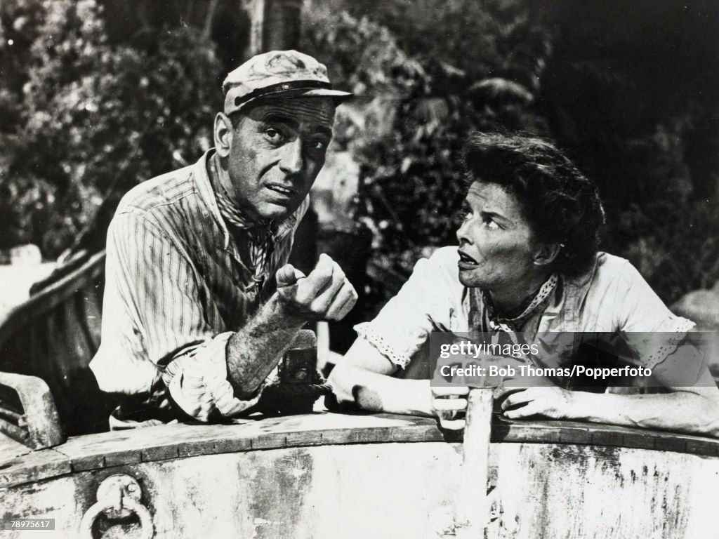 Cinema Pesonalities. pic:1951. American actress Katharine Hepburn playing alongside Humphrey Bogart in the classic film "The African Queen". Katharine Hepburn, (1907-2003) was one of the cinema's legends and in a long film career won an unparalleled 4 Bes