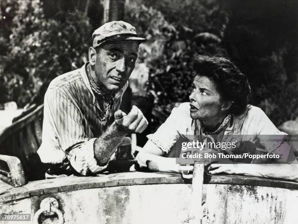 Cinema Pesonalities, pic:1951, American actress Katharine Hepburn playing alongside Humphrey Bogart in the classic film "The African Queen",...