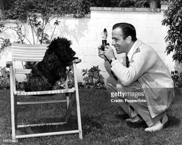 American film actor Humphrey Bogart taking pictures of his pet dog "Sluggy" with a camera.