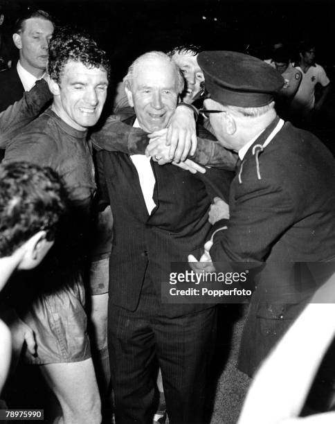 Football, 29th May 1968, European Cup Final, Wembley Stadium, Manchester United v Benfica after extra time, Manchester United Manager Matt Busby is...