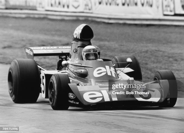 Scottish racing driver Jackie Stewart drives the Elf Team Tyrrell Tyrrell 006 Ford Cosworth DFV to finish in 10th place in the 1973 British Grand...