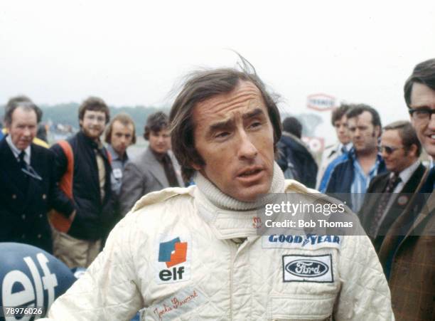 British Formula One racing driver Jackie Stewart pictured attending the Gunnar Nilsson Memorial Meeting at Donington Park circuit in Leicestershire,...