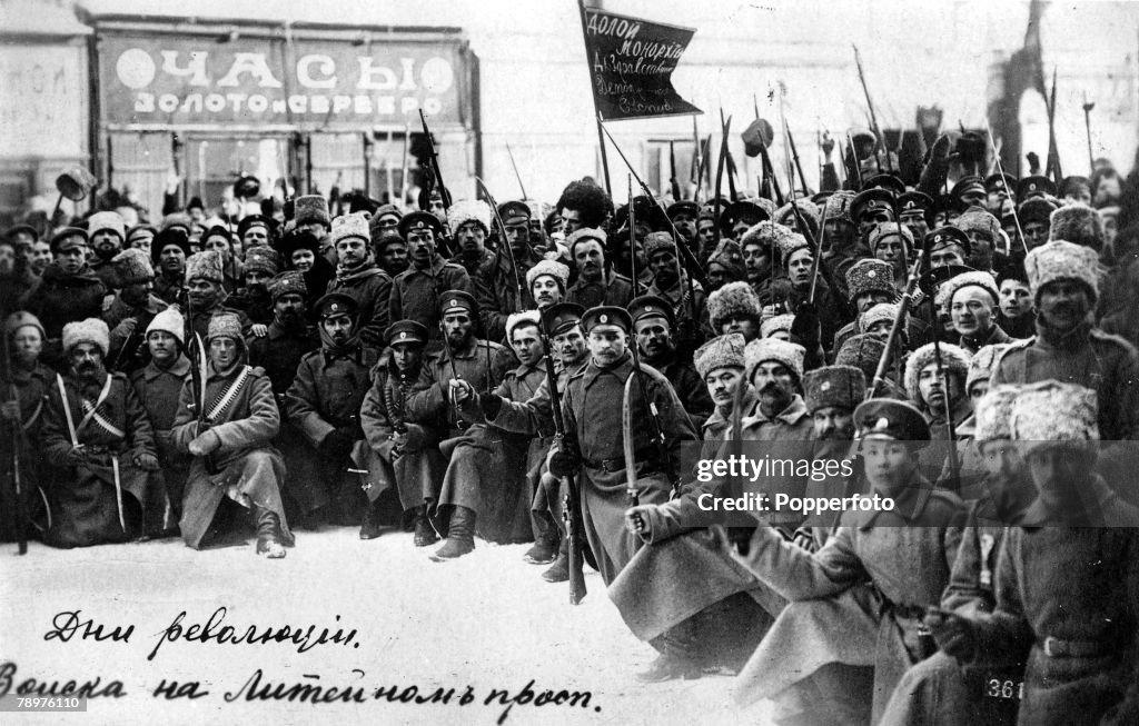 October, 1917. Russian bolshevist soldiers protest in the streets of Petrograd during the Russian revolution.