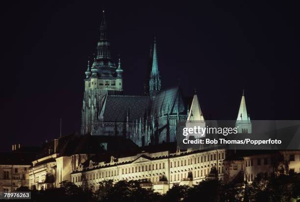 Travel, Prague, Czechoslavakia, St, Vitus Cathedral illuminated at night