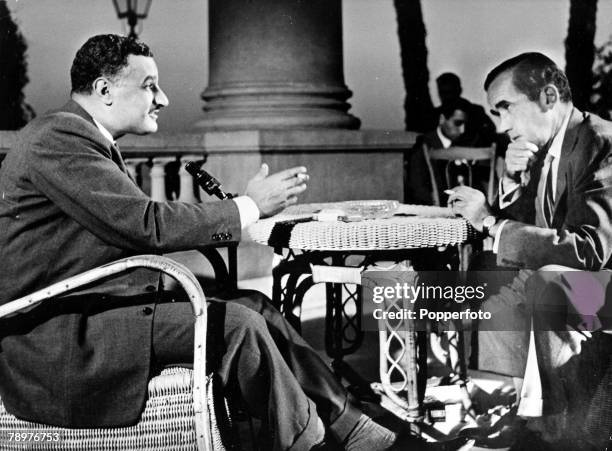 Cairo, Egypt, Colonel Gamal Abd al-Nasser the Egyptian statesman is interviewed by the world famous American Television commentator Ed Murrow, The...