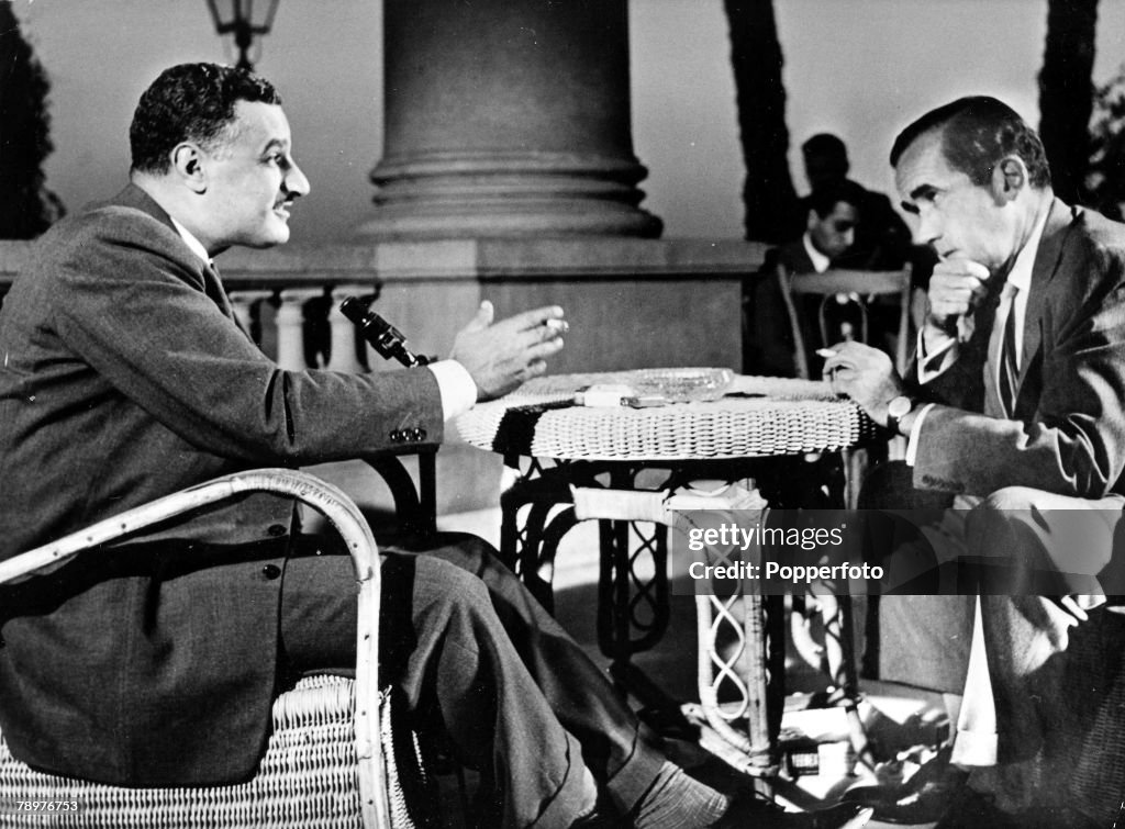 1956. Cairo, Egypt. Colonel Gamal Abd al-Nasser the Egyptian statesman is interviewed by the world famous American Television commentator Ed Murrow. The interview took place in Cairo shortly before the outbreak of hostilities between Egypt and Britain and