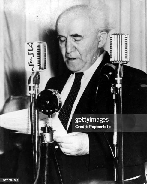 14th May 1948, Jerusalem, Israel, Israeli statesman and Prime Minister David Ben-Gurion proclaiming the birth of the new Jewish state of Israel