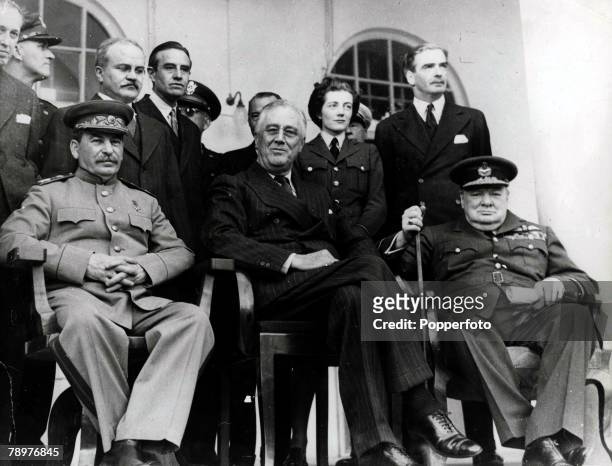 World War II, December 1943, The Tehran tripartite conference, l-r, Russia+s Josef Stalin, USA+s President Roosevelt and Britain+s Winston Churchill