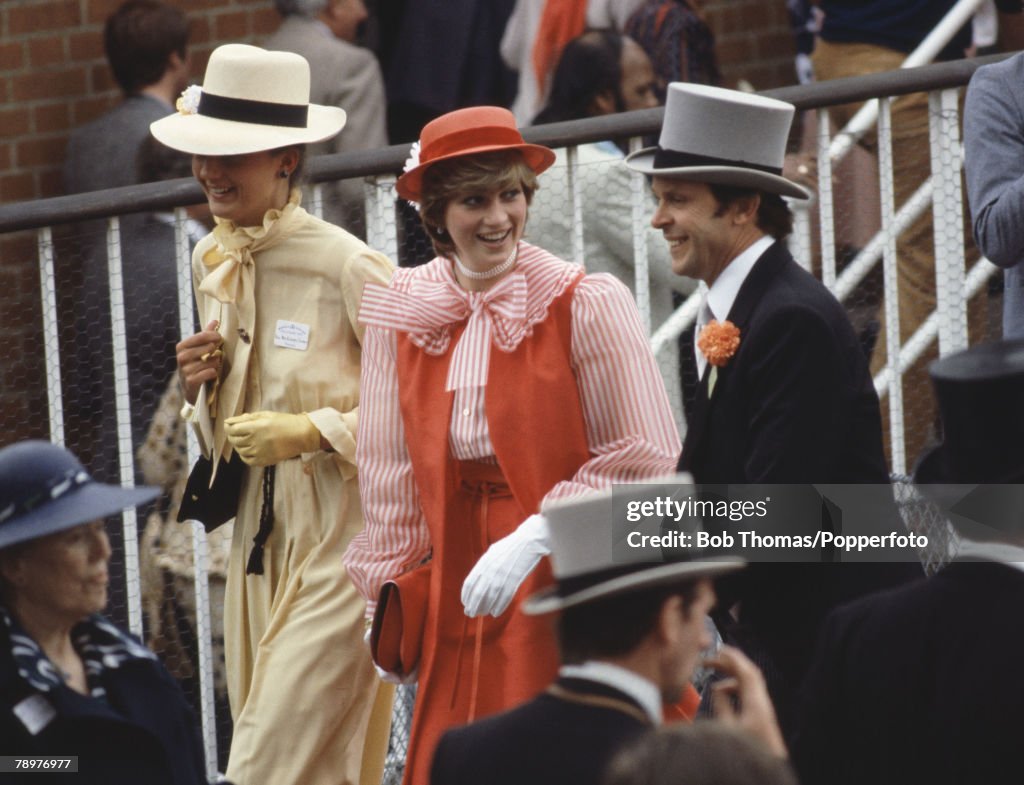 Sport. Horse Racing. Royal Ascot, England. 18th June 1981. Lady Diana Spencer ( centre) wearing a red hat and dress.