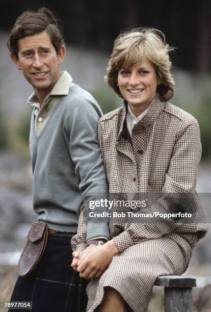 British Royalty, Scotland, 19th August 1981, Prince Charles and Princess Diana pose by the River Dee while on their honeymoon