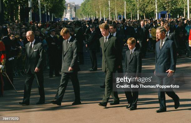 British Royalty, London, England, 7th September 1997, The funeral of Princess Diana, The Duke of Edinburgh, Prince William, The Earl Spencer, Prince...